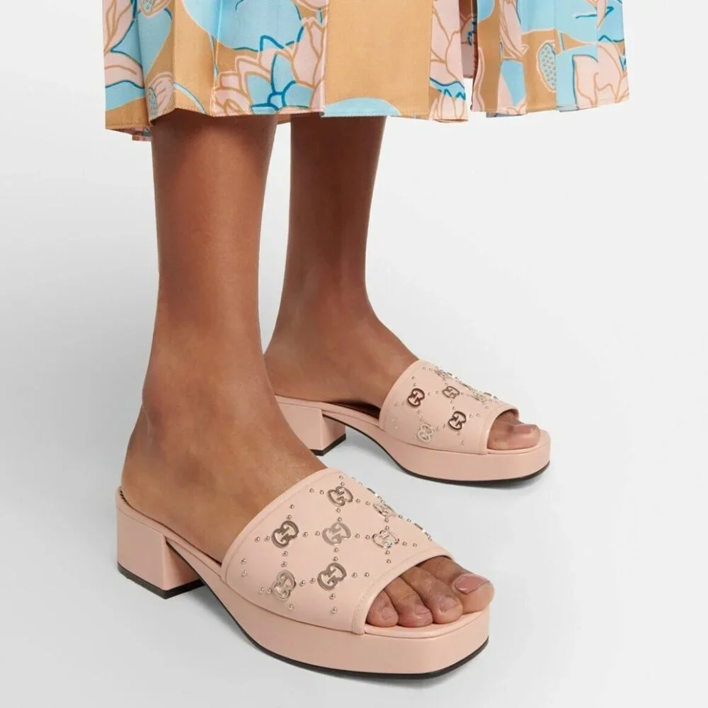 NEW GUCCI Janaya Interlocking GG Studs Rose Leather Sandals Slides EU 41 US 11
